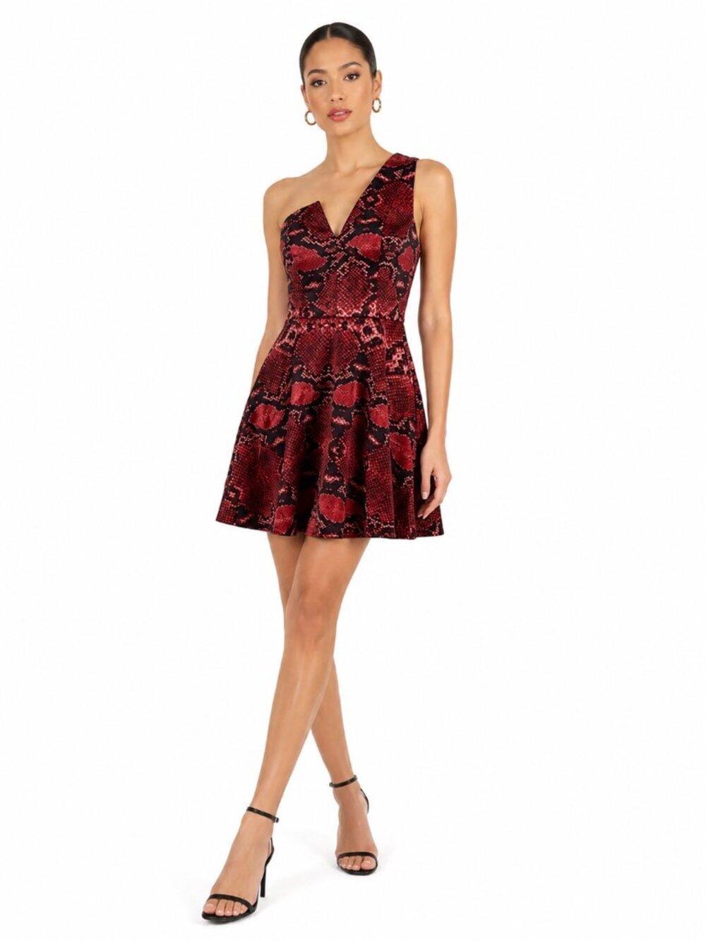 NBD x Naven Twins Flirt Fit and Flare Dress Size S Red Snake One Shoulder